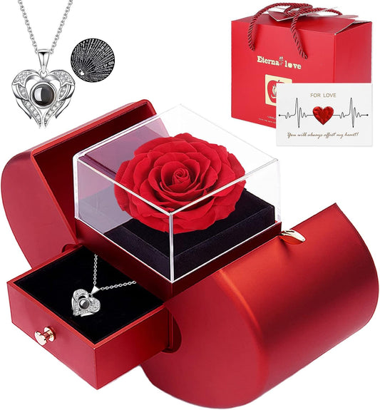 Preserved Real Rose with I love you Necklace