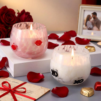 Set of 2 Valentine's Day Candles 7oz Soy Wax Jar Icon Glass Candles with Red Lips