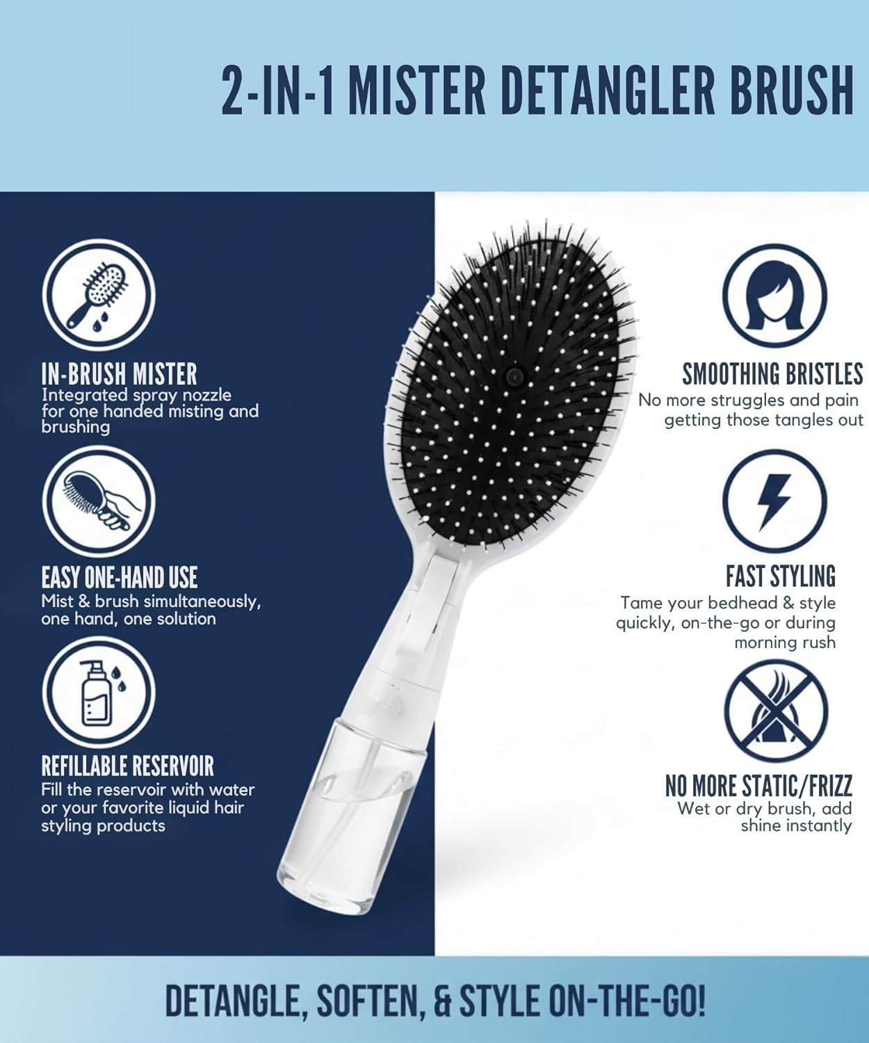 2-in-1 Spray Hair Brush with Water Reservoir – Refillable Mist Detangling Brush for Wet & Dry Hair Styling, Anti-Frizz Hair Brush for Women, Men & Kids