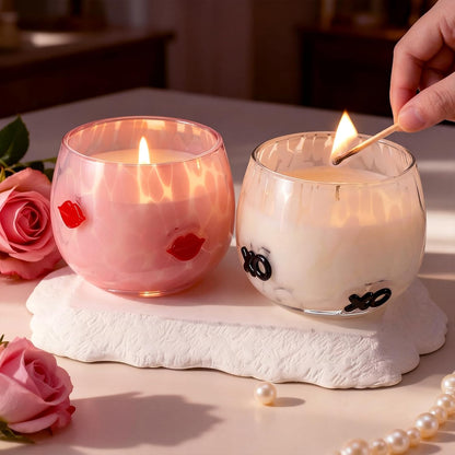 Set of 2 Valentine's Day Candles 7oz Soy Wax Jar Icon Glass Candles with Red Lips