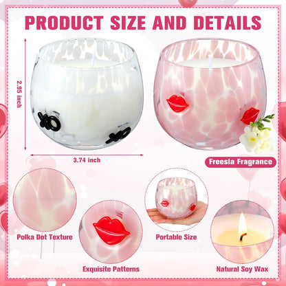 Set of 2 Valentine's Day Candles 7oz Soy Wax Jar Icon Glass Candles with Red Lips