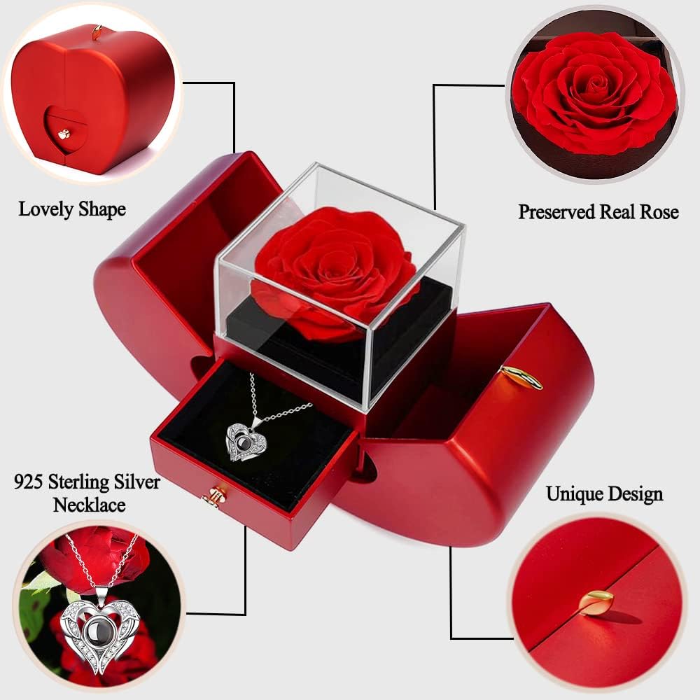 Preserved Real Rose with I love you Necklace