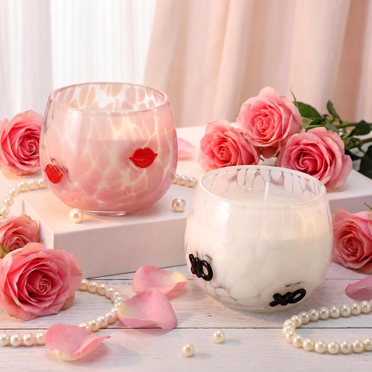 Set of 2 Valentine's Day Candles 7oz Soy Wax Jar Icon Glass Candles with Red Lips