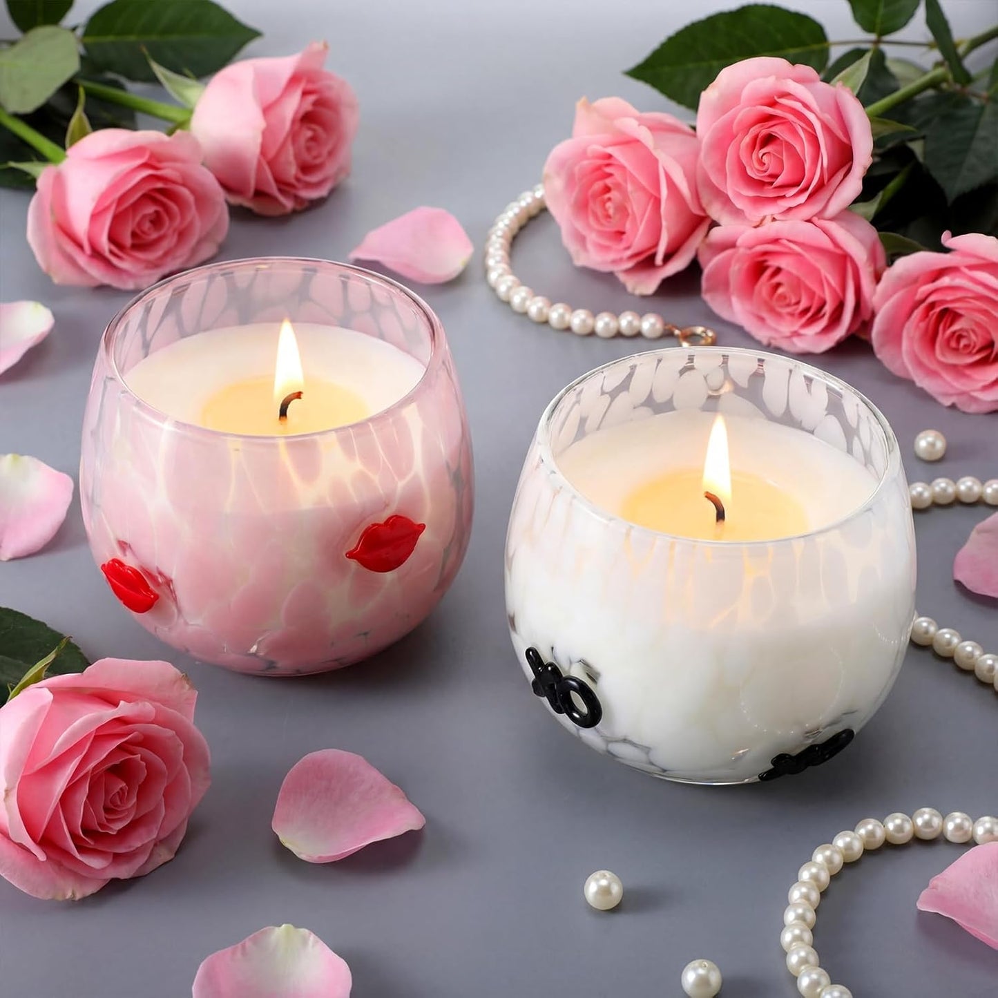 Set of 2 Valentine's Day Candles 7oz Soy Wax Jar Icon Glass Candles with Red Lips