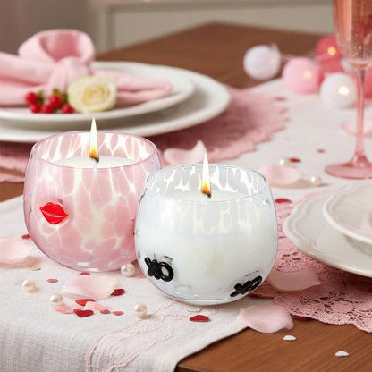 Set of 2 Valentine's Day Candles 7oz Soy Wax Jar Icon Glass Candles with Red Lips