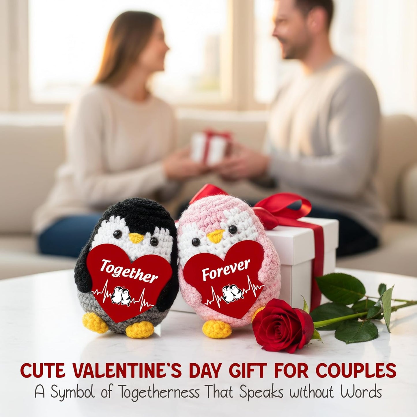 Valentines Day Gifts for Him Her - Positive Penguin Couple Crochet with Card