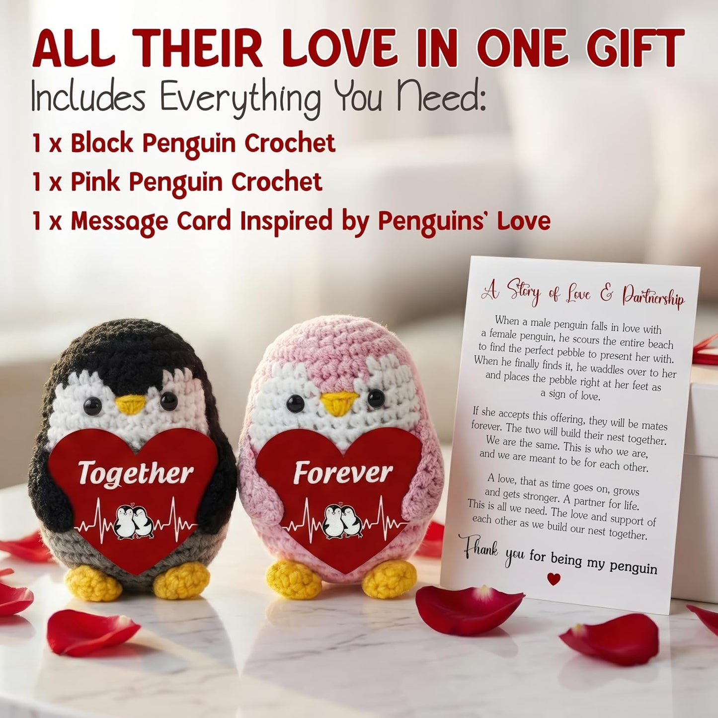 Valentines Day Gifts for Him Her - Positive Penguin Couple Crochet with Card