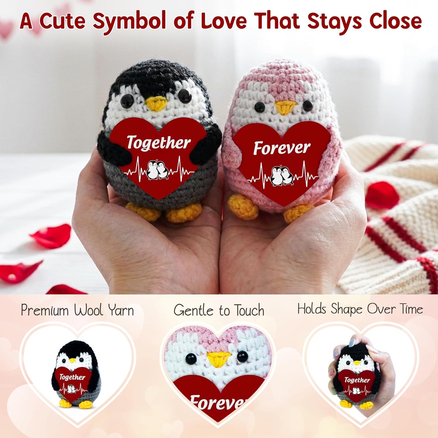 Valentines Day Gifts for Him Her - Positive Penguin Couple Crochet with Card