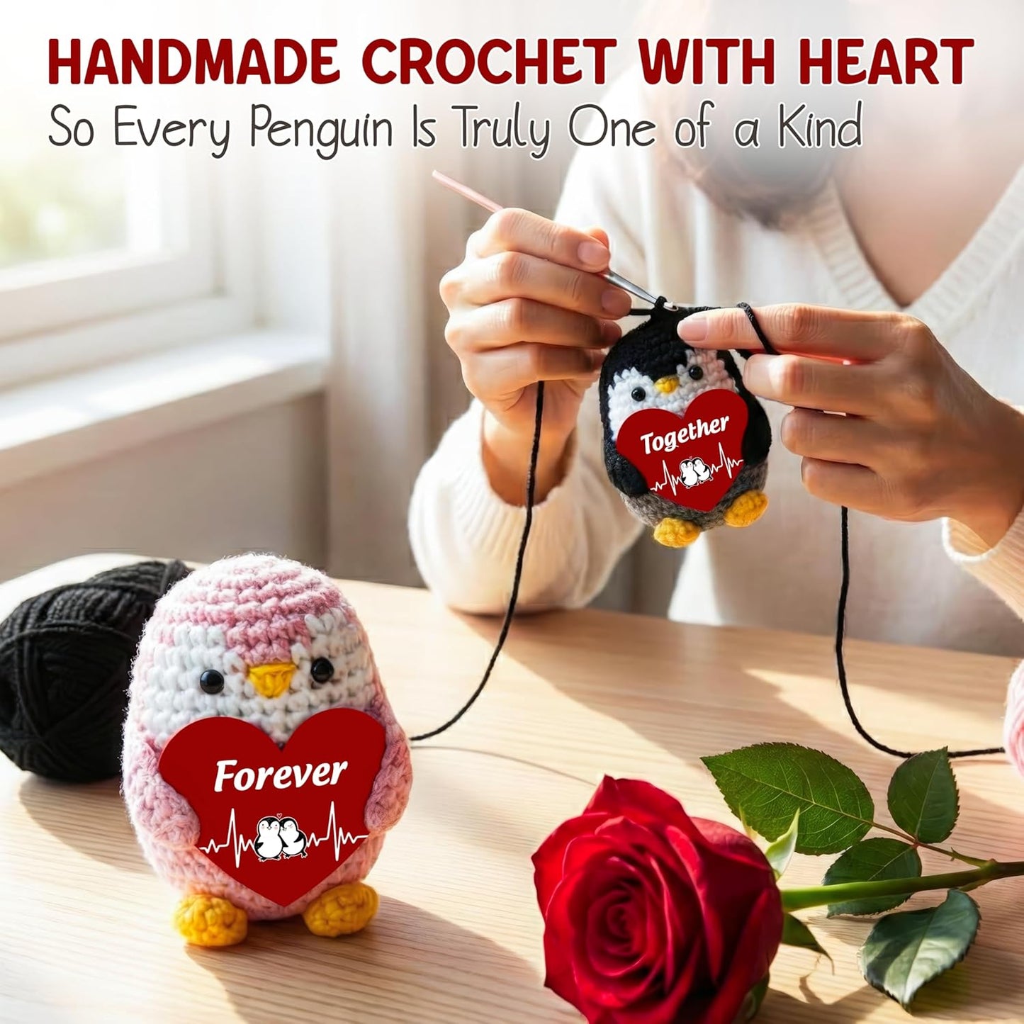 Valentines Day Gifts for Him Her - Positive Penguin Couple Crochet with Card