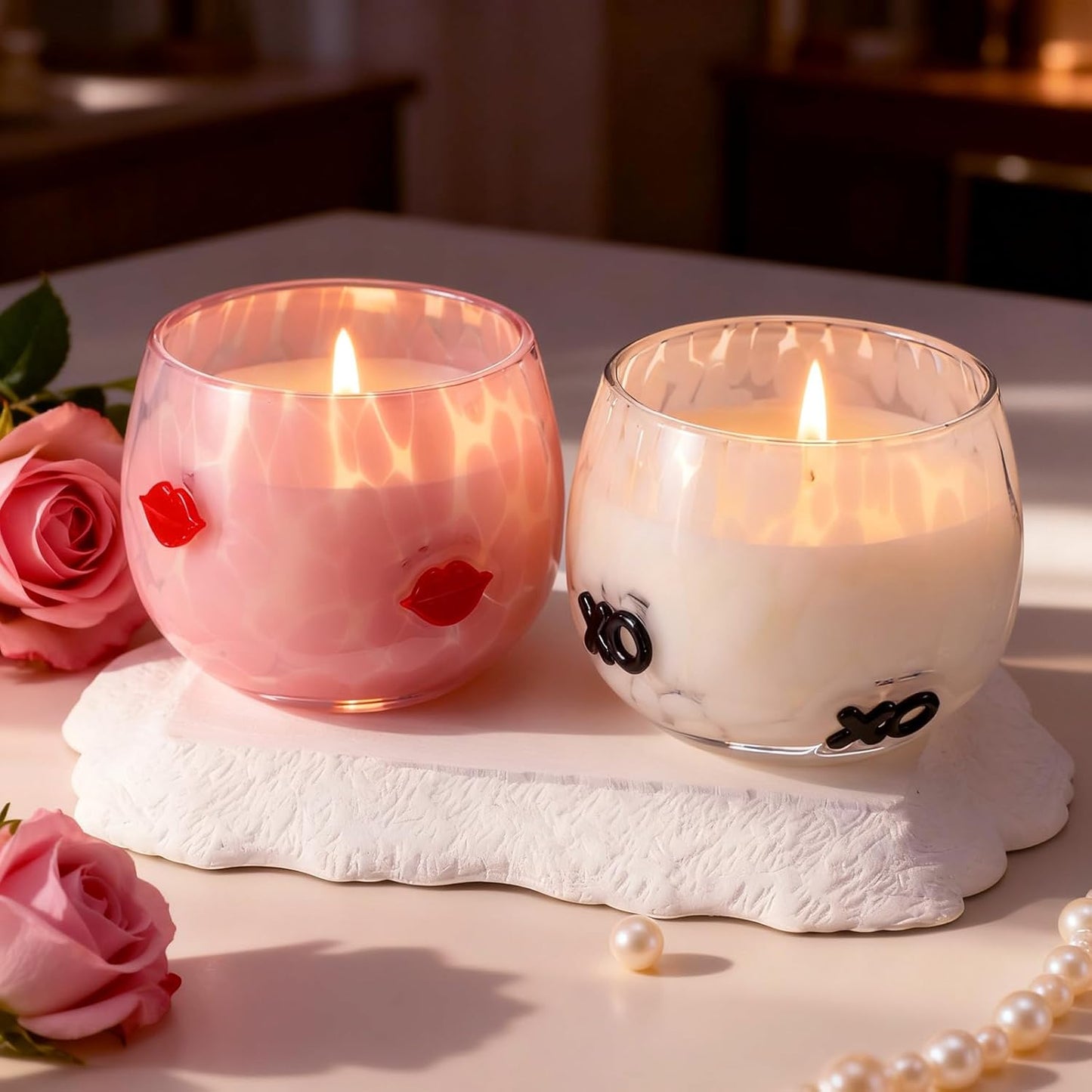 Set of 2 Valentine's Day Candles 7oz Soy Wax Jar Icon Glass Candles with Red Lips