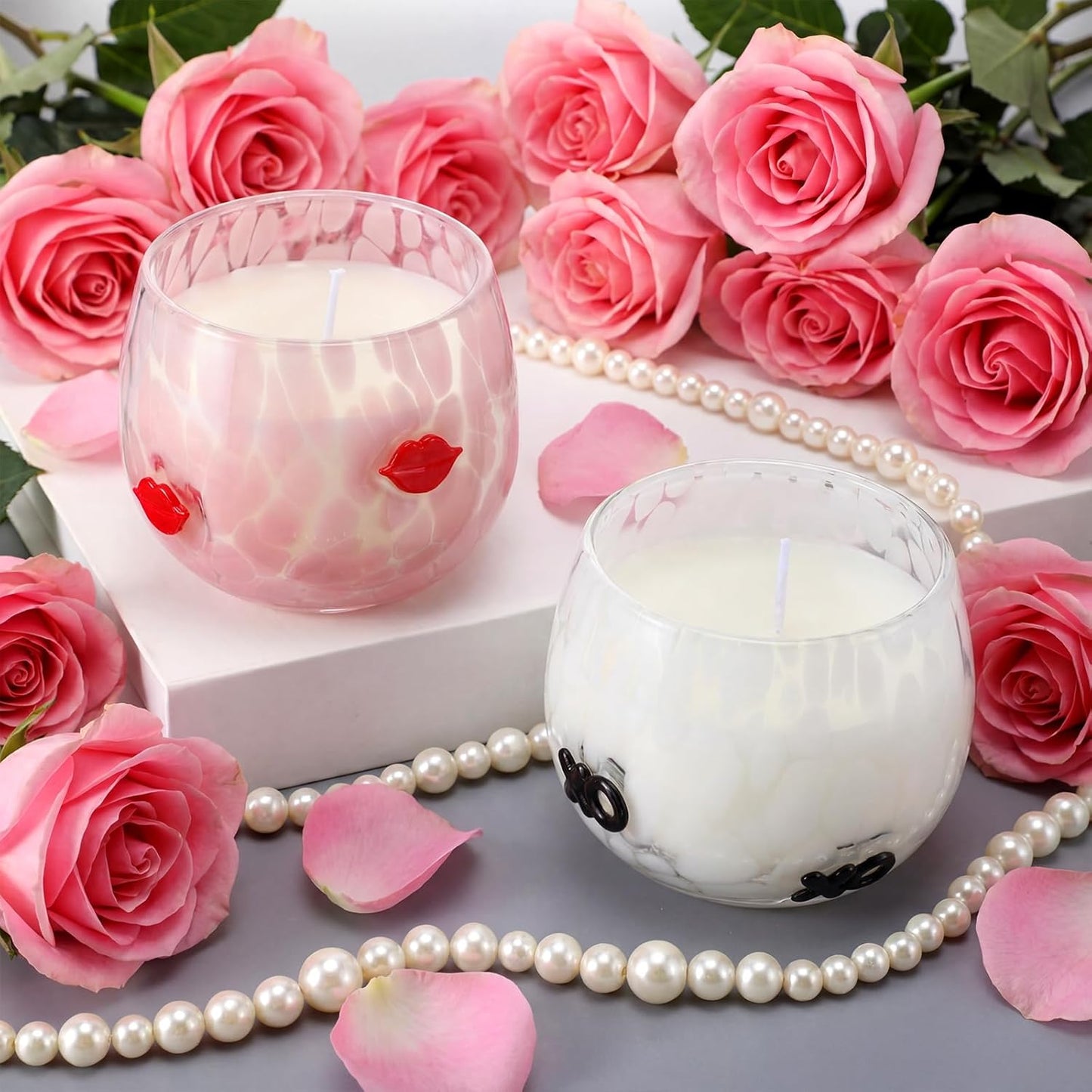 Set of 2 Valentine's Day Candles 7oz Soy Wax Jar Icon Glass Candles with Red Lips